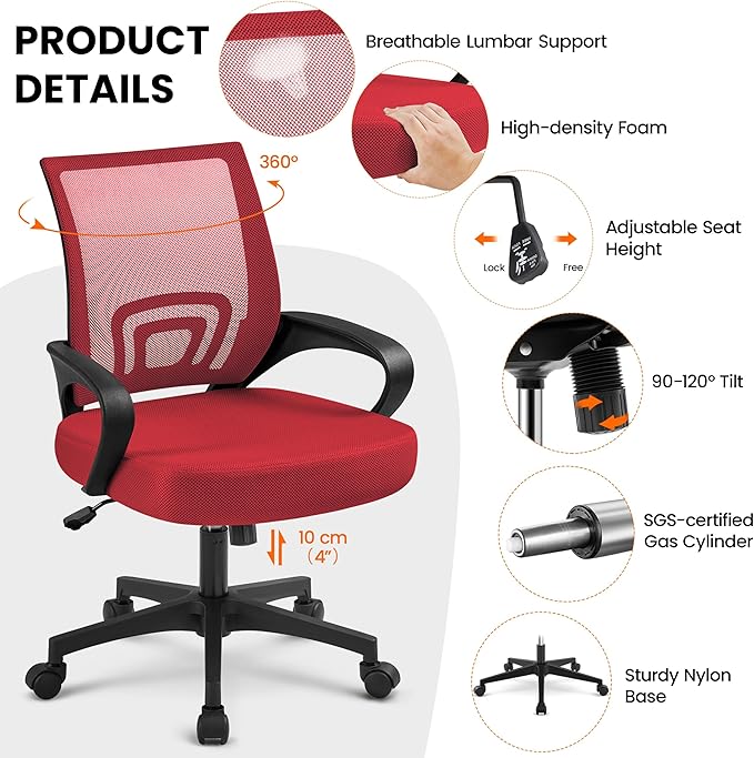 Yaheetech Office Chair Desk Chair Mid Back Mesh Task Chair Computer Chair Ergonomic Rolling Swivel Chair Adjustable Executive Chair with Lumbar Support Armrests, Red - LeafyLoom