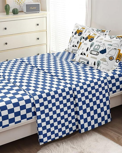 5-Pcs Construction Full Size Boys Bedding Set, Kids Comforter Set for Teens w/Sheets and Pillowcase, Soft Cartoon Tractor Cars Bed in a Bag Sets - LeafyLoom
