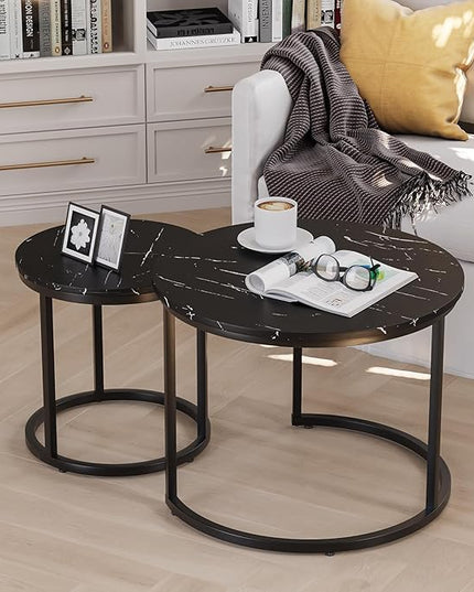 Black Nesting Coffee Table Set of 2, 23.6" Round Coffee Table Wood Grain Top with Adjustable Non-Slip Feet, Industrial End Table Side Tables for Living Room Bedroom Balcony Yard - LeafyLoom