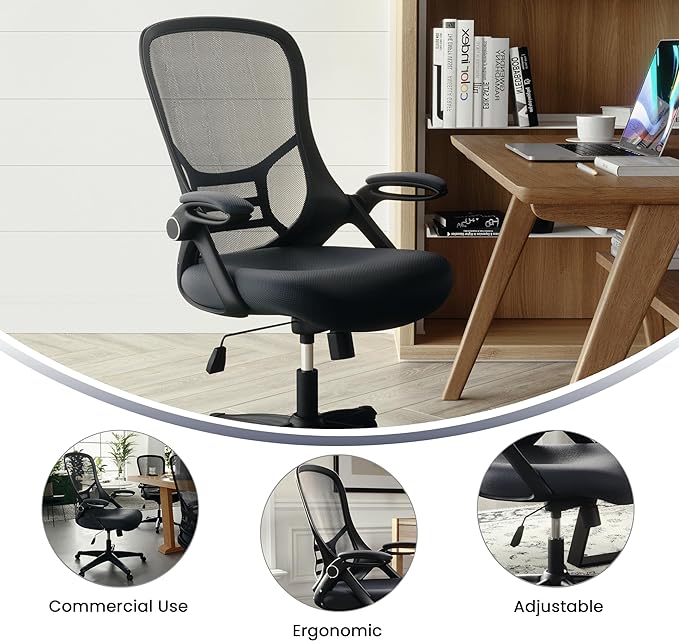 Flash Furniture Porter High-Back Swivel Office Chair with Adjustable Lumbar Support and Seat Height, Ergonomic Mesh Desk Chair with Flip-Up Armrests, Black - LeafyLoom
