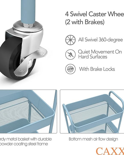 CAXXA 3-Tier Rolling Metal Storage Organizer - Mobile Utility Cart with Caster Wheels, Blue - LeafyLoom