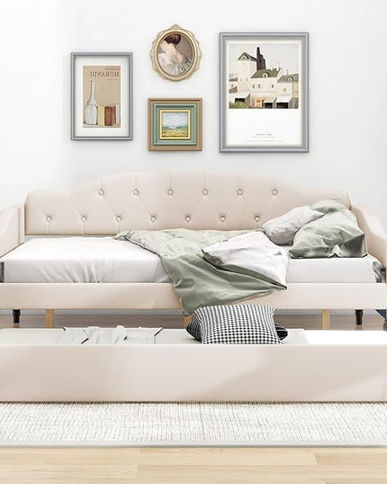 Full Size Upholstered Daybed with Trundle Bed Twin,Linen Sofa-Bed W/Button Tufted Back & Nailhead Decorated Waved Shape Arms,Slat Support,Bedframe for Bedroom Livingroom Small Space,Beige - LeafyLoom