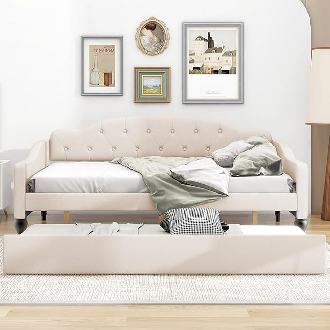 Full Size Upholstered Daybed with Trundle Bed Twin,Linen Sofa-Bed W/Button Tufted Back & Nailhead Decorated Waved Shape Arms,Slat Support,Bedframe for Bedroom Livingroom Small Space,Beige - LeafyLoom