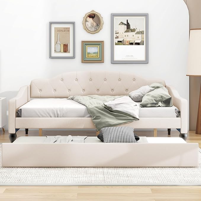 Full Size Upholstered Daybed with Trundle Bed Twin,Linen Sofa-Bed W/Button Tufted Back & Nailhead Decorated Waved Shape Arms,Slat Support,Bedframe for Bedroom Livingroom Small Space,Beige - LeafyLoom