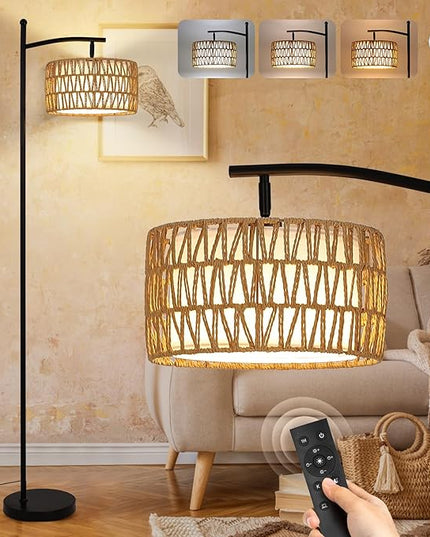 Rattan Floor Lamps for Living Room, Boho Standing Lamp with Remote Control, Arc Floor Lamp Dimmable with Rattan& Linen Double Shades, Wicker Floor Lamp for Bedroom, Office - LeafyLoom