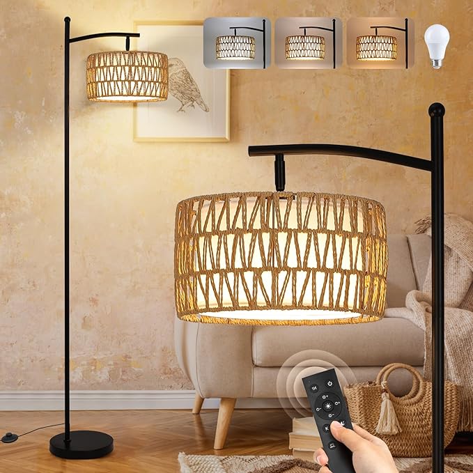 Rattan Floor Lamps for Living Room, Boho Standing Lamp with Remote Control, Arc Floor Lamp Dimmable with Rattan& Linen Double Shades, Wicker Floor Lamp for Bedroom, Office - LeafyLoom