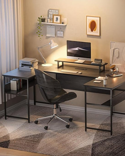 79” U Shaped Desk with Power Outlets, Reversible L Shaped Gaming Desk with Storage Shelves, Large Corner Computer Desk with Monitor Stand, 2 Person Desk for Home Office, Grey Black - LeafyLoom