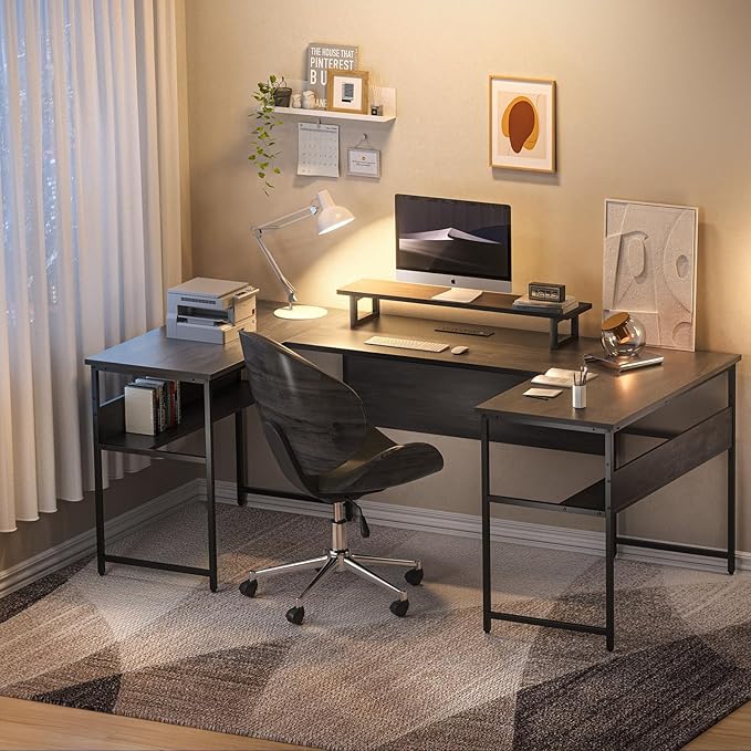 79” U Shaped Desk with Power Outlets, Reversible L Shaped Gaming Desk with Storage Shelves, Large Corner Computer Desk with Monitor Stand, 2 Person Desk for Home Office, Grey Black - LeafyLoom