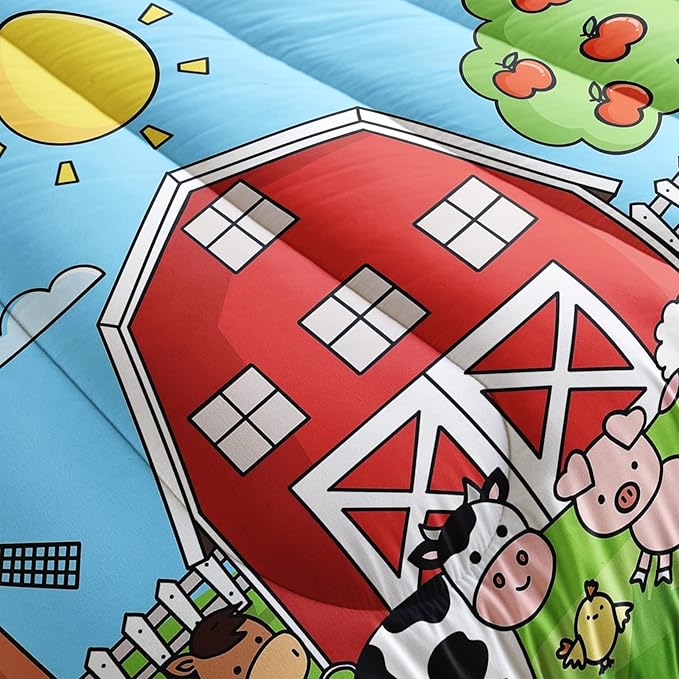 Farm Animals Comforter,Farmhouse Comforter Set for Kids Teens Girls Boys,Cartoon Animals 3Pcs Bedding Set Printed Comforter with 2 Pillowcases,Down Alternative,Soft and Lightweight，Queen Size - LeafyLoom