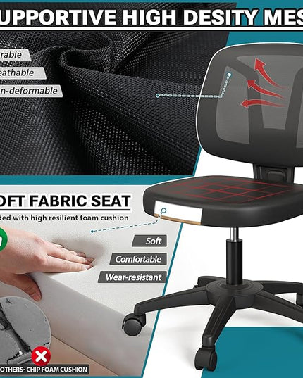 Armless Office Chair Ergonomic Swivel Small Computer Desk Chairs No Armrests with Wheels Adjustable Height Black Task Chairs without Arms for Small Spaces - LeafyLoom