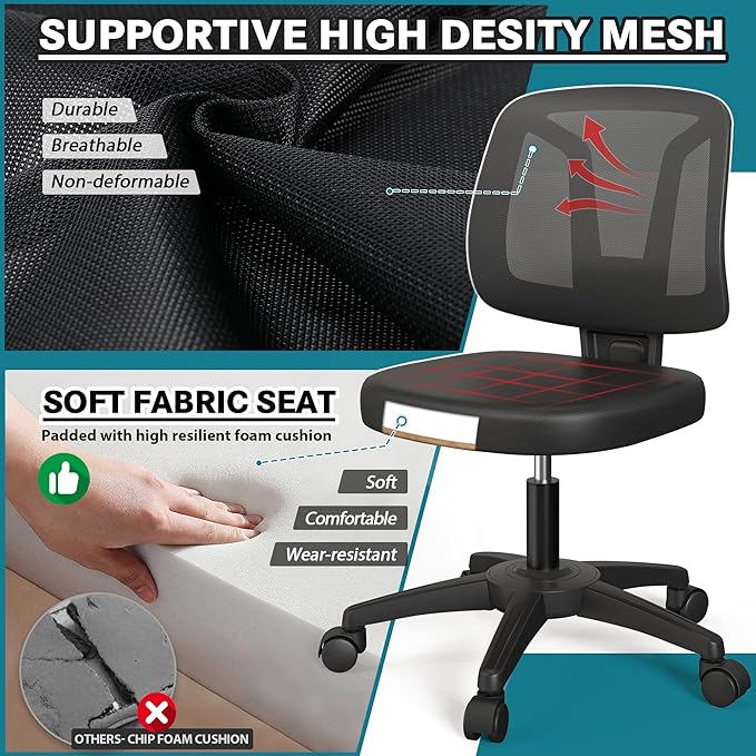 Armless Office Chair Ergonomic Swivel Small Computer Desk Chairs No Armrests with Wheels Adjustable Height Black Task Chairs without Arms for Small Spaces - LeafyLoom