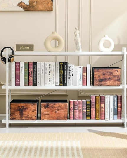 HCHQHS Bookshelf, 3-Tier Long Industrial Bookcase, White Open Book Shelf, Freestanding Horizontal Bookshelves with Metal Frame - LeafyLoom