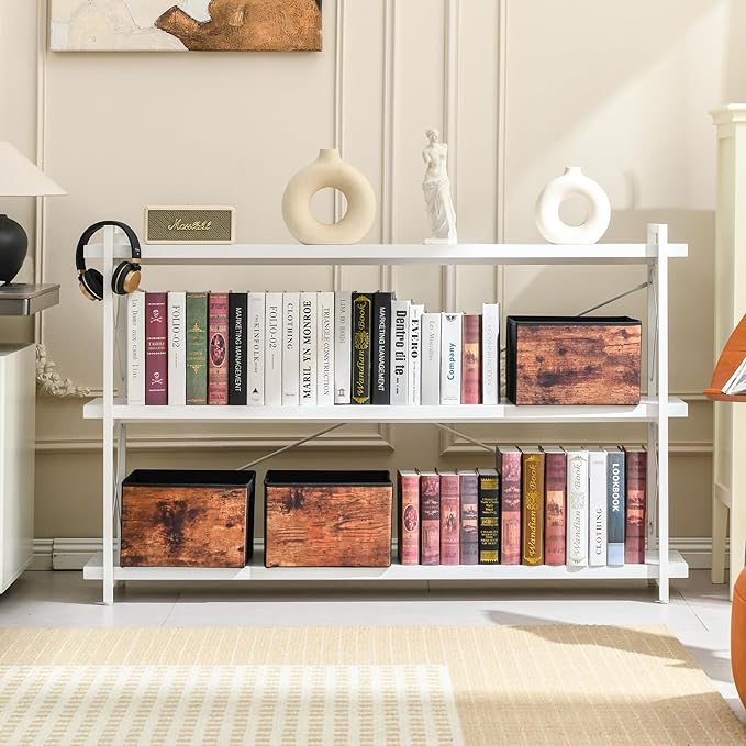 HCHQHS Bookshelf, 3-Tier Long Industrial Bookcase, White Open Book Shelf, Freestanding Horizontal Bookshelves with Metal Frame - LeafyLoom