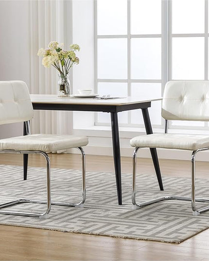 Forevich Mid Century Modern Dining Chairs Set of 2, Leather Kitchen Dining Room Side Chairs Upholstered Armless Accent Chairs with Metal Chrome Legs for Living Room, Bedroom White - LeafyLoom