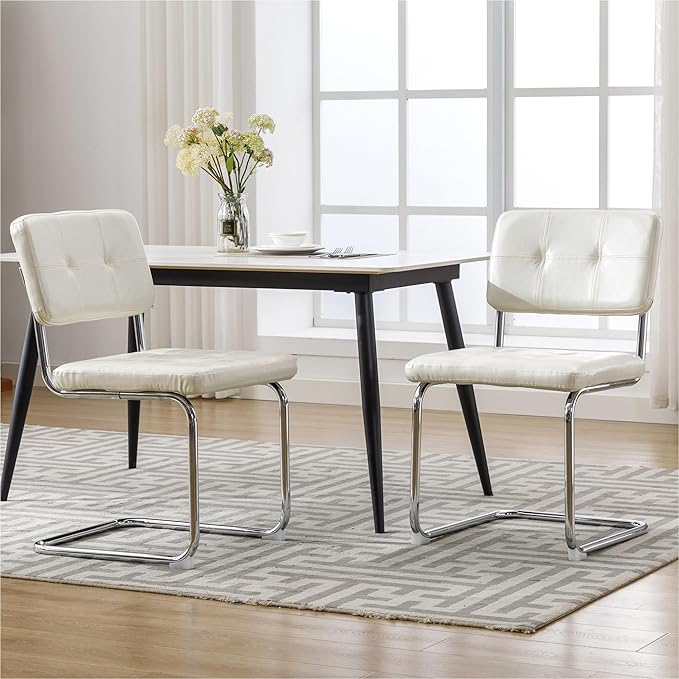 Forevich Mid Century Modern Dining Chairs Set of 2, Leather Kitchen Dining Room Side Chairs Upholstered Armless Accent Chairs with Metal Chrome Legs for Living Room, Bedroom White - LeafyLoom