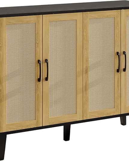 Storage Cabinet with Rattan Trim - 4 Door Sideboard Buffet Cabinet with Storage, Accent Cabinet with Shelves for Bathroom, Coffee Bar, Kitchen, Living Room, Hallway (Black) - LeafyLoom