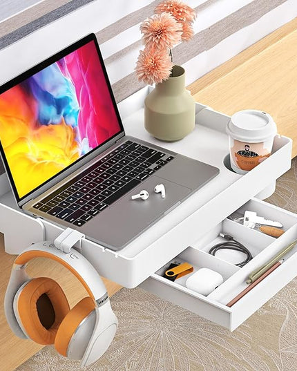 SPACELEAD Bedside Shelf for Bed – College Dorm Room Clip On Nightstand with Cup Holder & Cord Holder&drawer – Bunk Bed Shelf for Organizer Top for Bedroom (White，Plastic) - LeafyLoom