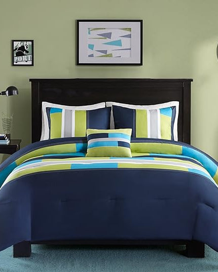 Comfort Spaces Casual Comforter Set Sporty Design, Vibrant Color, Active Lifestyle Boys Bedroom Décor, All Season Soft Microfiber Bedding Set, Decorative Pillow, Sham Navy/Blue Queen 4 Piece - LeafyLoom