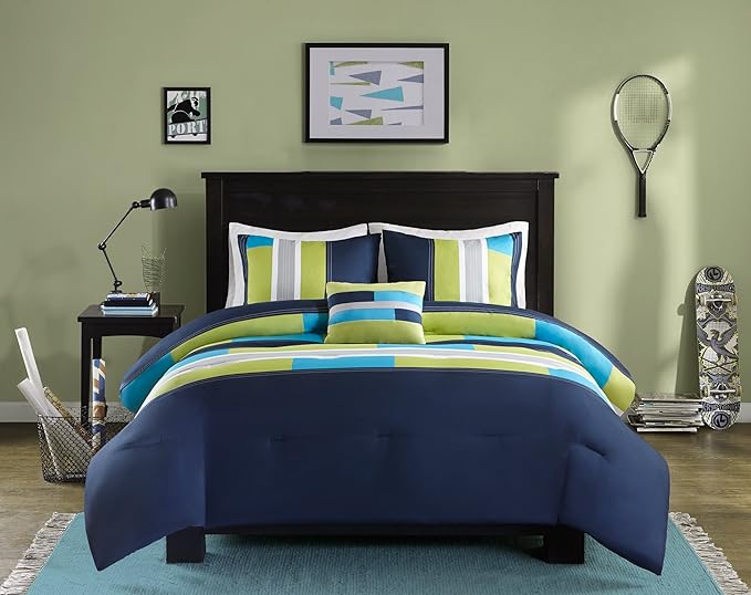Comfort Spaces Casual Comforter Set Sporty Design, Vibrant Color, Active Lifestyle Boys Bedroom Décor, All Season Soft Microfiber Bedding Set, Decorative Pillow, Sham Navy/Blue Queen 4 Piece - LeafyLoom