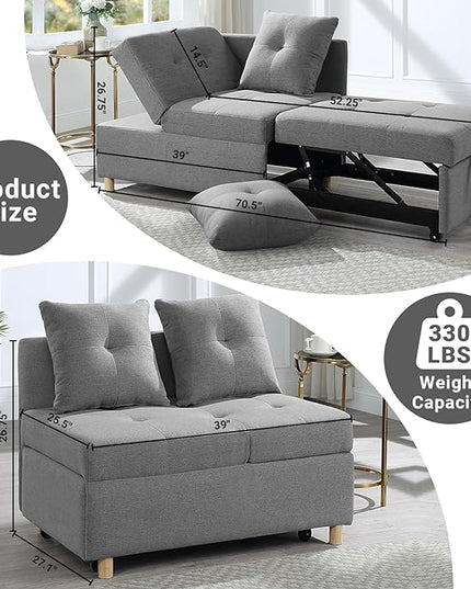 4-in-1 Convertible Sleeper Sofa, Single Pull Out Couch Chair with 6-Level Adjust Backrest Loveseat with Storage and Pillows, Modern Recliner for Living Room Apartment Office, Grey - LeafyLoom
