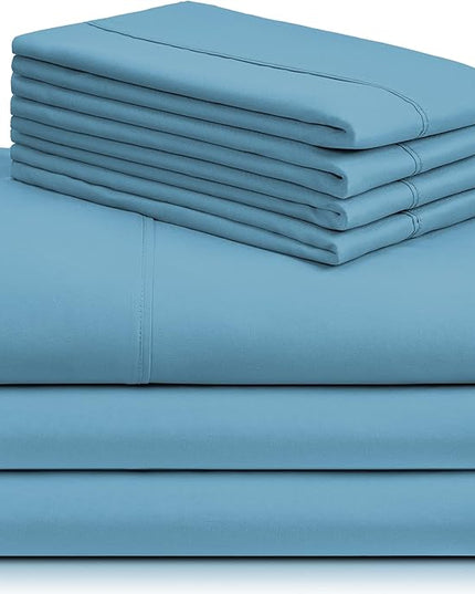 LuxClub 7 PC Split King Sheet Set Sheets Deep Pockets 18" Eco Friendly Wrinkle Free Cooling Sheets Machine Washable Hotel Bedding Silky Soft - Denim Split King - LeafyLoom