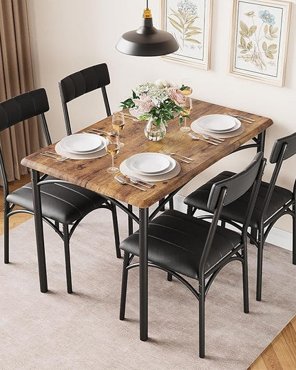 Kitchen Table and Chairs for 4, Dining Table Set for 4 with Upholstered Chairs, 5 Piece Rectangular Kitchen Table Set, Dining Room Table Set for Small Space, Apartment, Rustic Brown - LeafyLoom