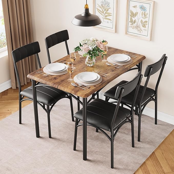 Kitchen Table and Chairs for 4, Dining Table Set for 4 with Upholstered Chairs, 5 Piece Rectangular Kitchen Table Set, Dining Room Table Set for Small Space, Apartment, Rustic Brown - LeafyLoom
