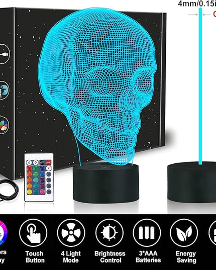 FULLOSUN Skull 3D Lamp Optical Illusion Night Light, Death Model Holiday Gift for Holloween Ghost Festival, Men Room Night Light with Remote Control 16 Colors Changing - LeafyLoom