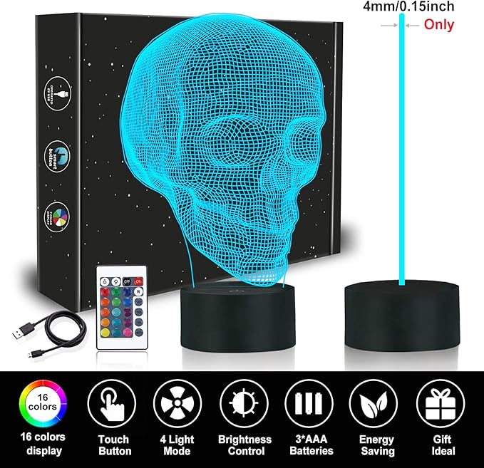 FULLOSUN Skull 3D Lamp Optical Illusion Night Light, Death Model Holiday Gift for Holloween Ghost Festival, Men Room Night Light with Remote Control 16 Colors Changing - LeafyLoom