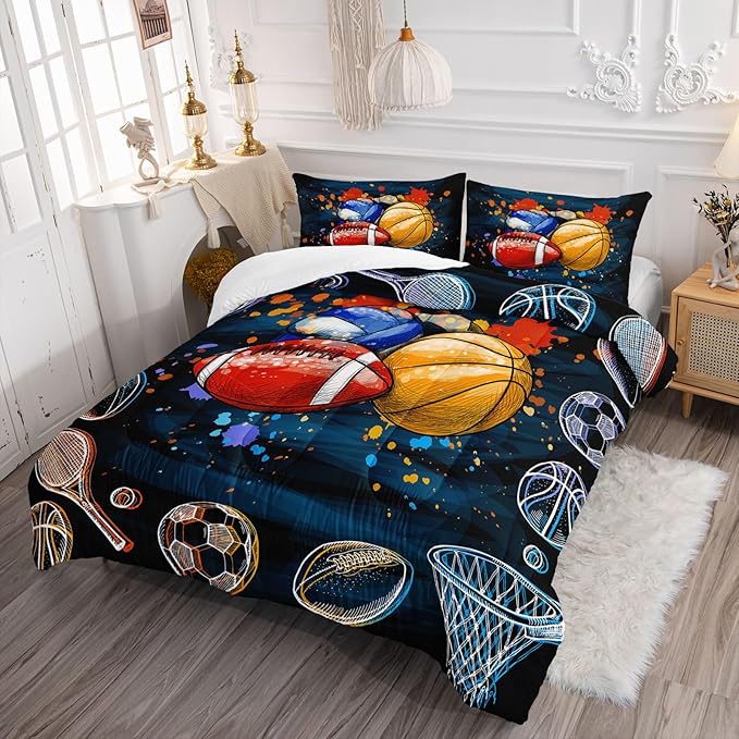 Axolotl Ball Game Bedding Set Twin,Basketball Comforter Set Sports Bedding,Volleyball Comforter Set Soccer Bedding,Football Comforter Colorful Grunge Style for Kids Boys Teens,1 Quilt 2 Pillowcases - LeafyLoom