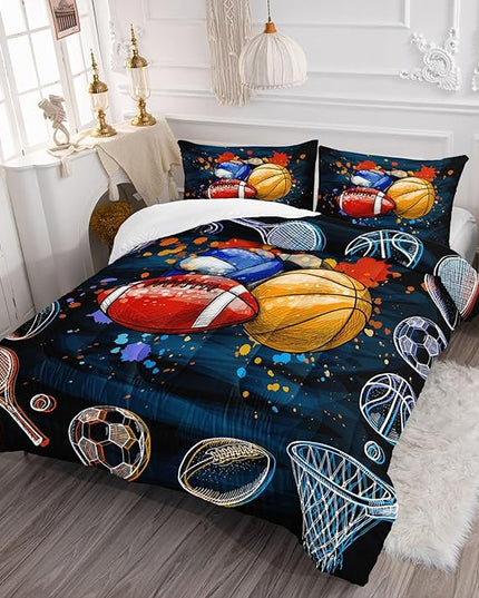 Axolotl Ball Game Bedding Set Full,Basketball Comforter Set Sports Bedding,Volleyball Comforter Set Soccer Bedding,Football Comforter Colorful Grunge Style for Kids Boys Teens,1 Quilt 2 Pillowcases - LeafyLoom