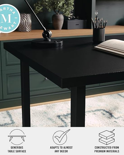 Martha Stewart Beckett Modern Trestle Desk with Open Side Shelving in Black Wood Grain Finish - LeafyLoom