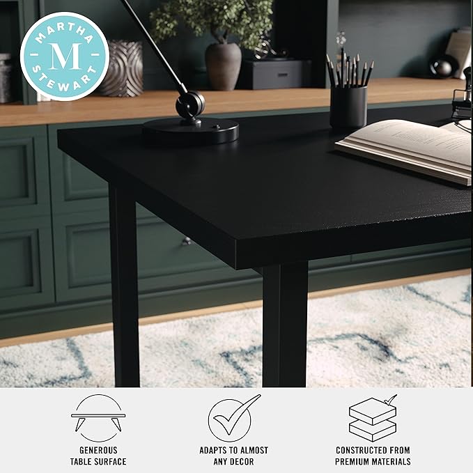 Martha Stewart Beckett Modern Trestle Desk with Open Side Shelving in Black Wood Grain Finish - LeafyLoom
