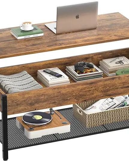 Homieasy Coffee Table, Lift Top Coffee Table with Storage Shelf and Hidden Compartment, Modern Lift Top Table for Living Room, Wood Lift Tabletop, Metal Frame - Rustic Brown - LeafyLoom