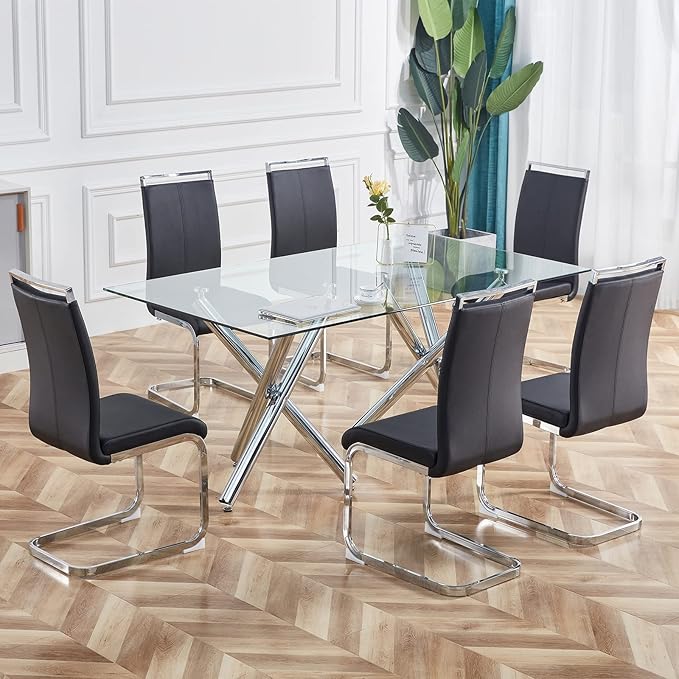 Dining Chairs Set, Kitchen Modern Metal Chairs with Faux Leather Padded Seat High Back and Sturdy Chrome Legs, Chairs for Dining Room (Black-1, Set of 4) - LeafyLoom