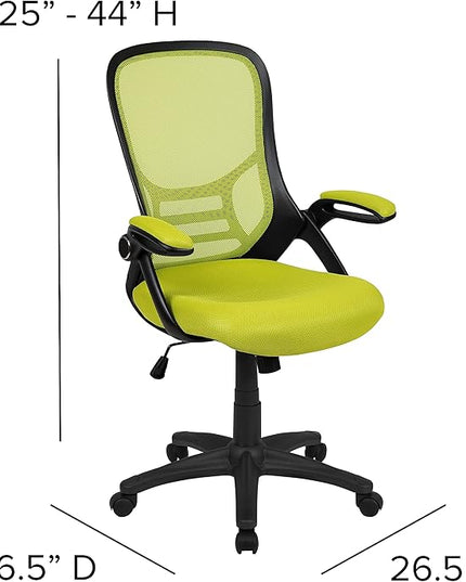 Flash Furniture Porter Mesh High Back Ergonomic Swivel Office Chair with Lumbar Support, Flip-Up Arms, Tilt Lock/Tilt Tension, Height Adjustable, Black/Green Frame - LeafyLoom
