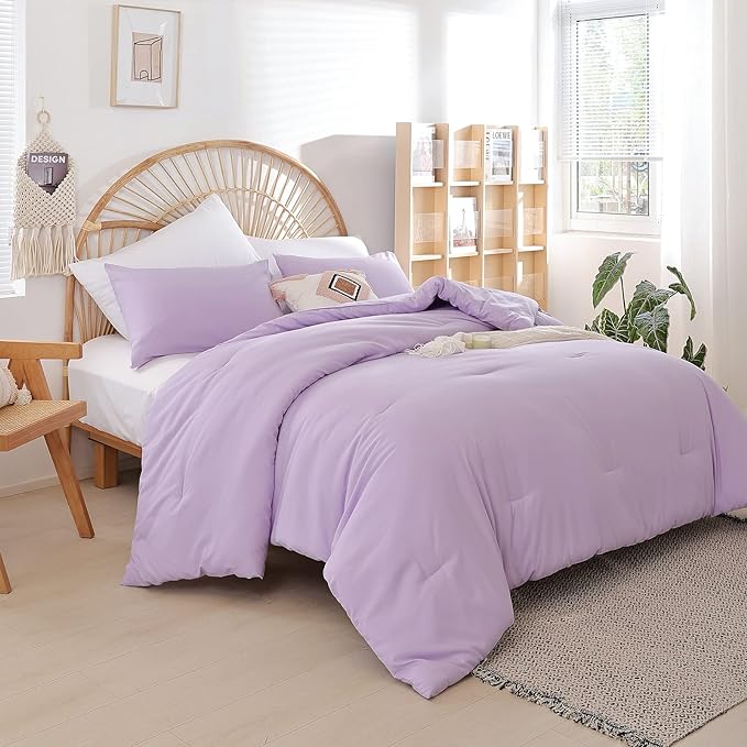 Lavender King Size Comforter Set 3 Piece Soft Microfiber Purple Comforters Set for Women and Girls Purple Lightweight Alternative Comforter for All Season (1 Comforter, 2 Pillowcases) - LeafyLoom