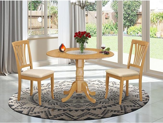 East West Furniture DLAV3-OAK-C 3 Piece Dining Set Contains a Round Dining Table with Dropleaf and 2 Linen Fabric Kitchen Room Chairs, 42x42 Inch, Oak - LeafyLoom