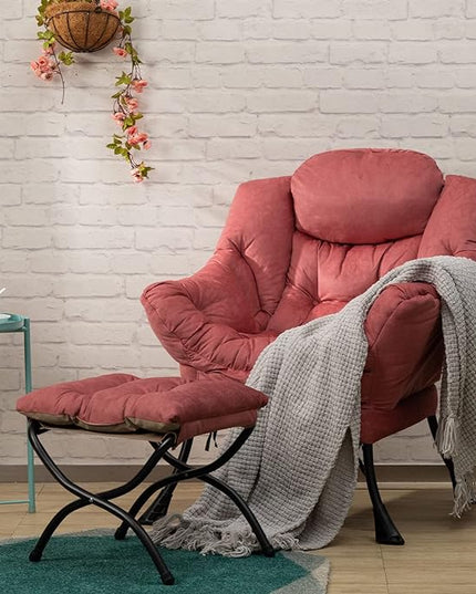 HollyHOME Fabric Lazy Chair with Foldable Ottoman, Accent Comfy Lounge Arm Chair and Folding Footrest Stool Set, Leisure Sofa Reading Chair and Footstool for Living Room, Bedroom, Dorm, Brick Red - LeafyLoom