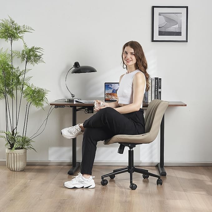 YOUTASTE Office Chair Armless Desk Chair Small Computer Swivel Rolling Chair with Wheels, Modern Upholstered PU Leather Task Chair, Adjustable Home Office Desk Chairs for Computer, Khaki - LeafyLoom