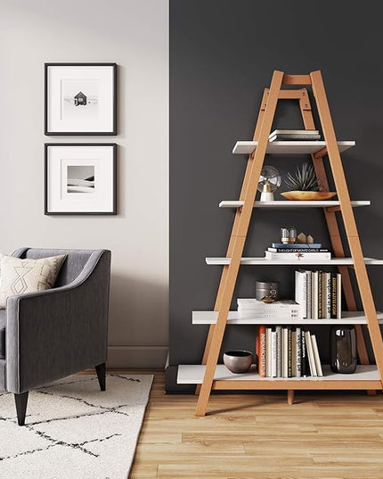 Nathan James 62201 Carlie 5-Shelf Ladder Bookcase, Display or Decorative Storage Rack with White and Rove Brown Wooden Ladder Shelves - LeafyLoom