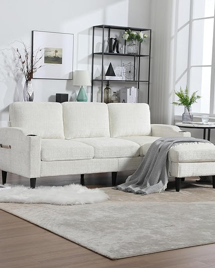 77.36" Modern Chenelle Polyester Sectional Sofa,L-Shaped Couch with Storage Ottoman,3 Seat Interior Furniture W/Pockets and Both Armrests Contain Cup Holders,for Dorm,Apartment,Studio,Beige - LeafyLoom