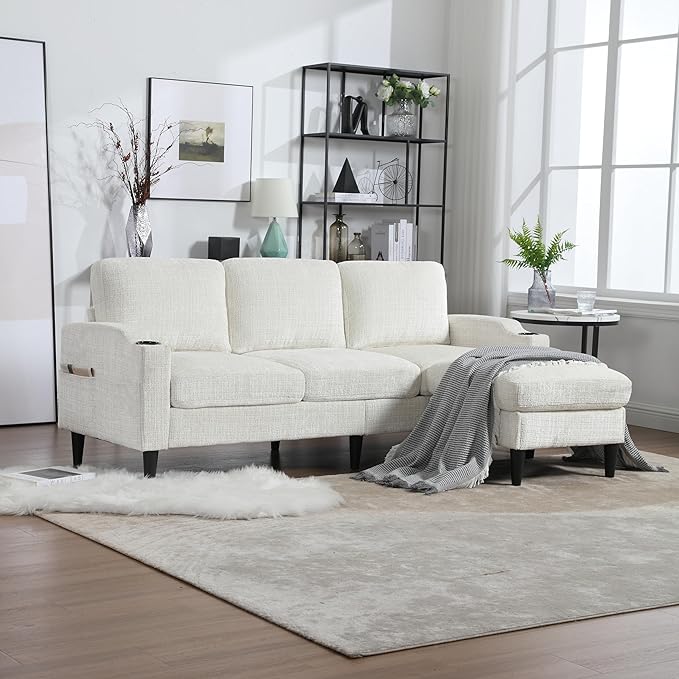 77.36" Modern Chenelle Polyester Sectional Sofa,L-Shaped Couch with Storage Ottoman,3 Seat Interior Furniture W/Pockets and Both Armrests Contain Cup Holders,for Dorm,Apartment,Studio,Beige - LeafyLoom