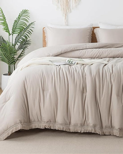 Andency Oatmeal Comforter Set Full Size, 3 Pieces Boho Tassel Lightweight Bedding Comforter Sets, All Season Soft Fluffy Fringe Bed Set (79x90In Comforter & 2 Pillowcases) - LeafyLoom
