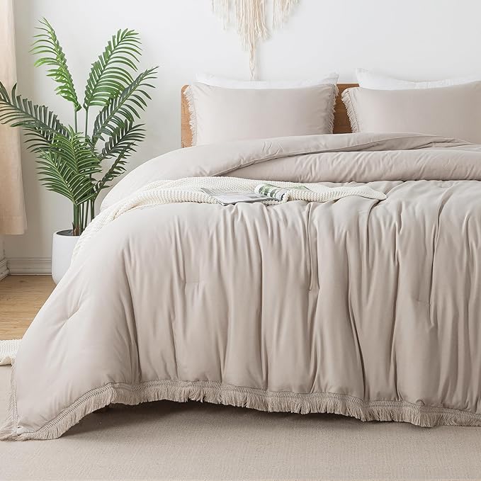 Andency Oatmeal Comforter Set Twin Size, 2 Pieces Boho Tassel Lightweight Bedding Comforter Sets, All Season Soft Fluffy Fringe Bed Set (66x90In Comforter & 1 Pillowcase) - LeafyLoom