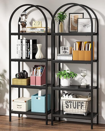 4-tier Arched Bookshelf, Tall Open Bookcase Storage Shelves, Wood Metal Freestanding Display Rack Tall Shelving Unit for Home Office, Bedroom, Living Room, Industrial Black - LeafyLoom