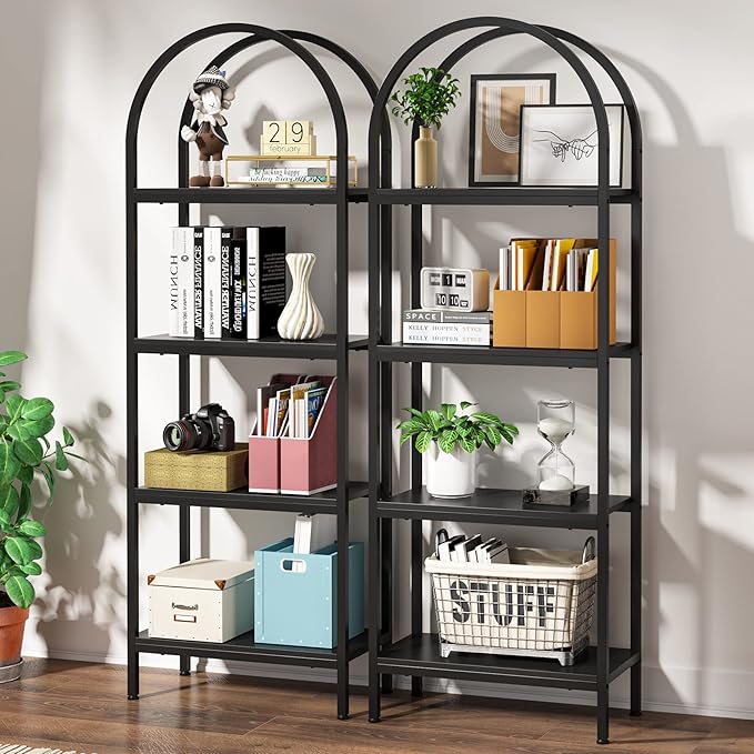 4-tier Arched Bookshelf, Tall Open Bookcase Storage Shelves, Wood Metal Freestanding Display Rack Tall Shelving Unit for Home Office, Bedroom, Living Room, Industrial Black - LeafyLoom