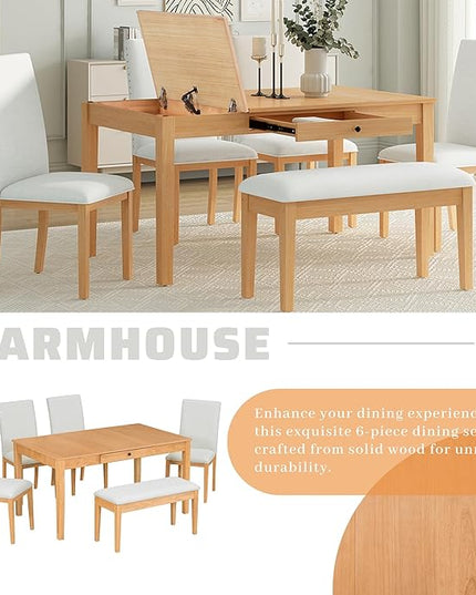 Dining Table Set for 6 with Drawer, Kitchen Table Set with Storage Table, Dining Room Table Set with Storable Bench and Upholstered Chairs for Living Room, Beige+Natural - LeafyLoom