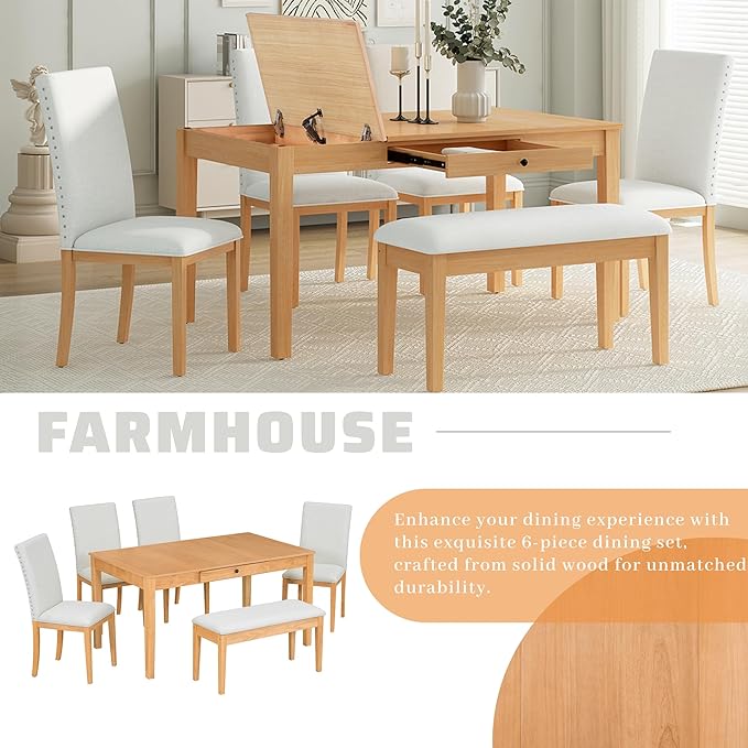Dining Table Set for 6 with Drawer, Kitchen Table Set with Storage Table, Dining Room Table Set with Storable Bench and Upholstered Chairs for Living Room, Beige+Natural - LeafyLoom