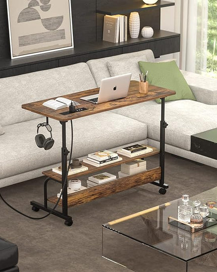 Height Adjustable Standing Desk with Power Outlets, 32" Manual Stand Up Desk with Storage Shelves Small Mobile Rolling Computer Desk Portable Laptop Table with Wheels for Home Office, Rustic - LeafyLoom
